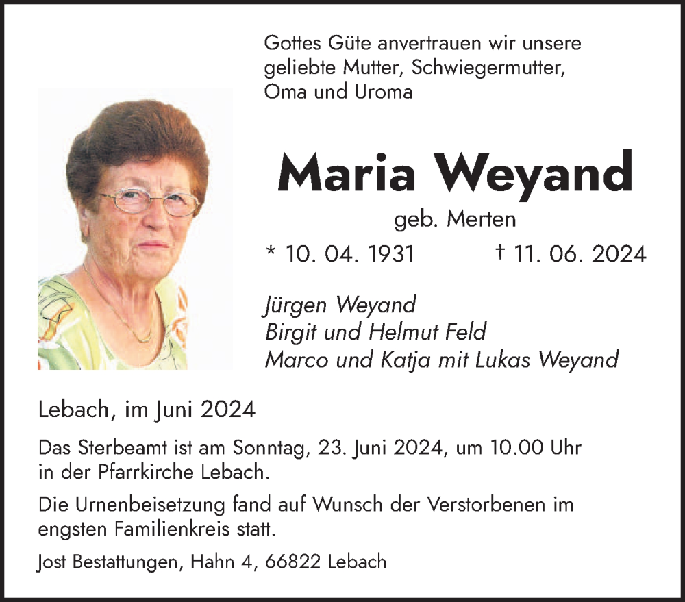  Traueranzeige für Maria Weyand vom 22.06.2024 aus saarbruecker_zeitung