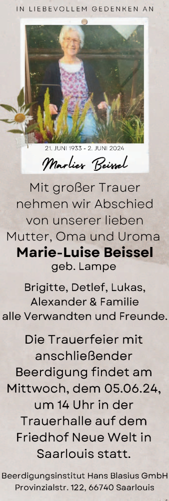 Traueranzeige von Marie-Luise Beissel von saarbruecker_zeitung