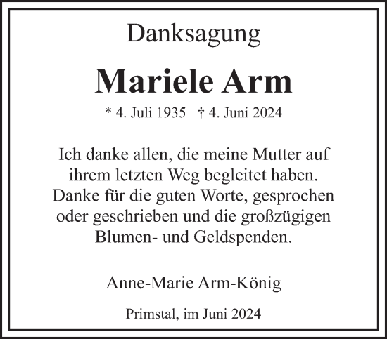 Traueranzeige von Mariele Arm von saarbruecker_zeitung