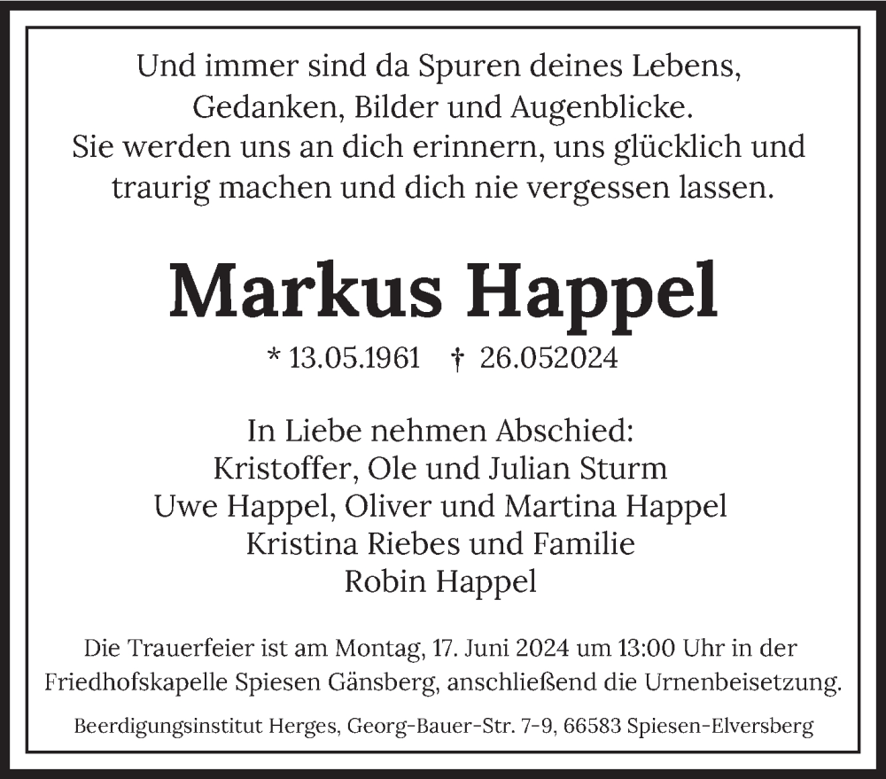  Traueranzeige für Markus Happel vom 12.06.2024 aus saarbruecker_zeitung