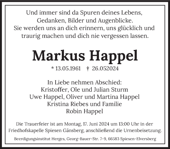 Traueranzeige von Markus Happel von saarbruecker_zeitung