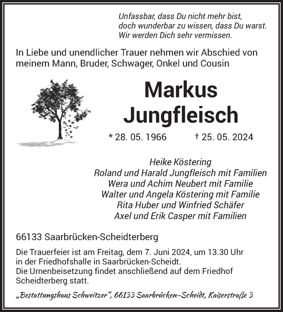  Traueranzeige für Markus Jungfleisch vom 01.06.2024 aus saarbruecker_zeitung