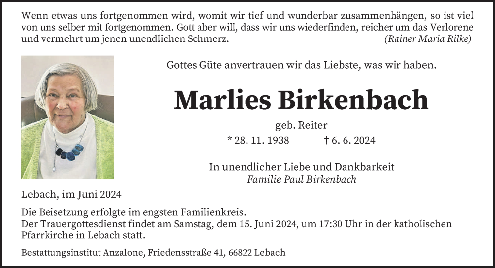  Traueranzeige für Marlies Birkenbach vom 12.06.2024 aus saarbruecker_zeitung