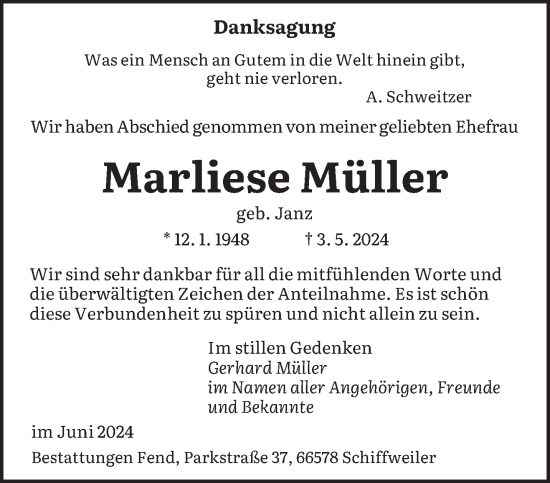 Traueranzeige von Marliese Müller von saarbruecker_zeitung