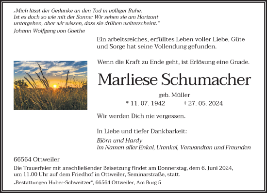 Traueranzeige von Marliese Schumacher von saarbruecker_zeitung