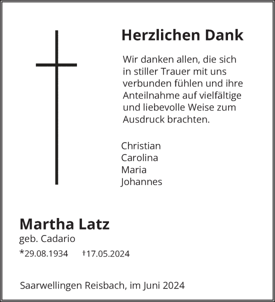 Traueranzeige von Martha Latz von saarbruecker_zeitung