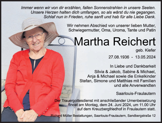 Traueranzeige von Martha Reichert von saarbruecker_zeitung