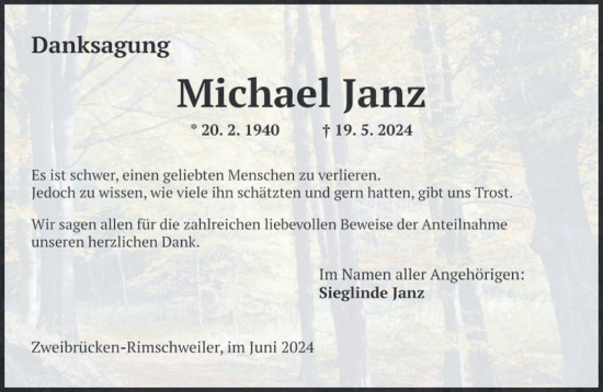 Traueranzeige von Michael Janz von saarbruecker_zeitung
