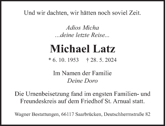 Traueranzeige von Michael Latz von saarbruecker_zeitung