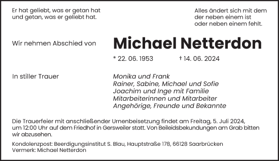 Traueranzeige von Michael Netterdon von saarbruecker_zeitung
