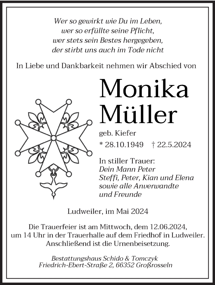 Traueranzeige für Monika Müller vom 08.06.2024 aus saarbruecker_zeitung