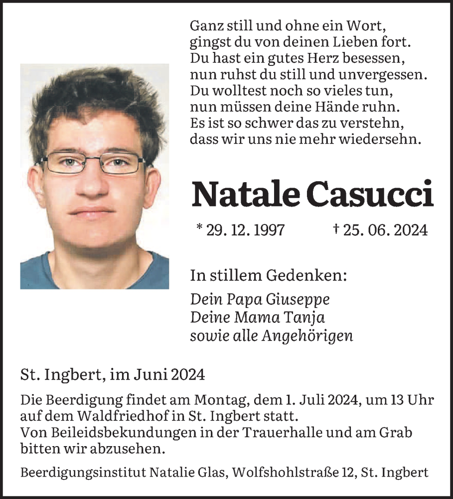  Traueranzeige für Natale Casucci vom 29.06.2024 aus saarbruecker_zeitung