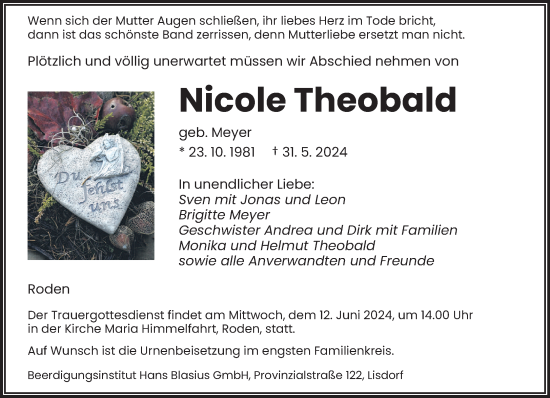 Traueranzeige von Nicole Theobald von saarbruecker_zeitung