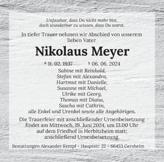 Traueranzeige von Nikolaus Meyer von saarbruecker_zeitung