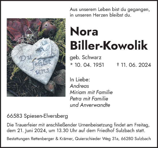 Traueranzeige von Nora Biller-Kowolik von saarbruecker_zeitung