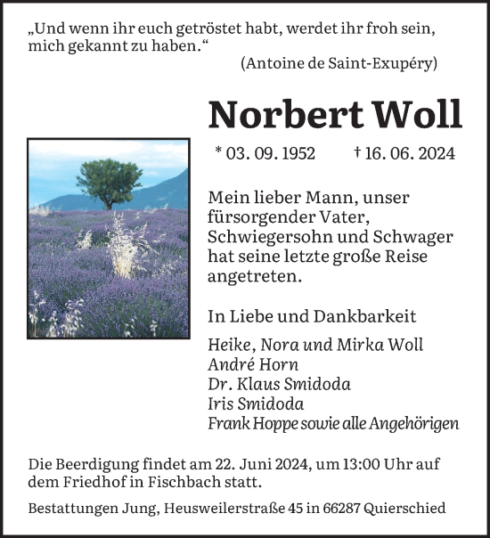 Traueranzeige von Norbert Woll von saarbruecker_zeitung