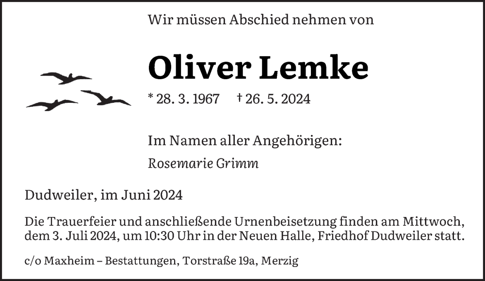  Traueranzeige für Oliver Lemke vom 22.06.2024 aus saarbruecker_zeitung