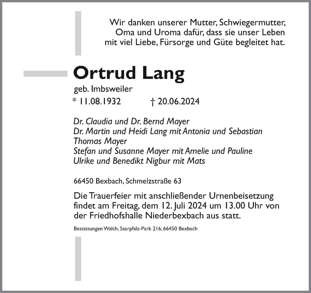  Traueranzeige für Ortrud Lang vom 29.06.2024 aus saarbruecker_zeitung