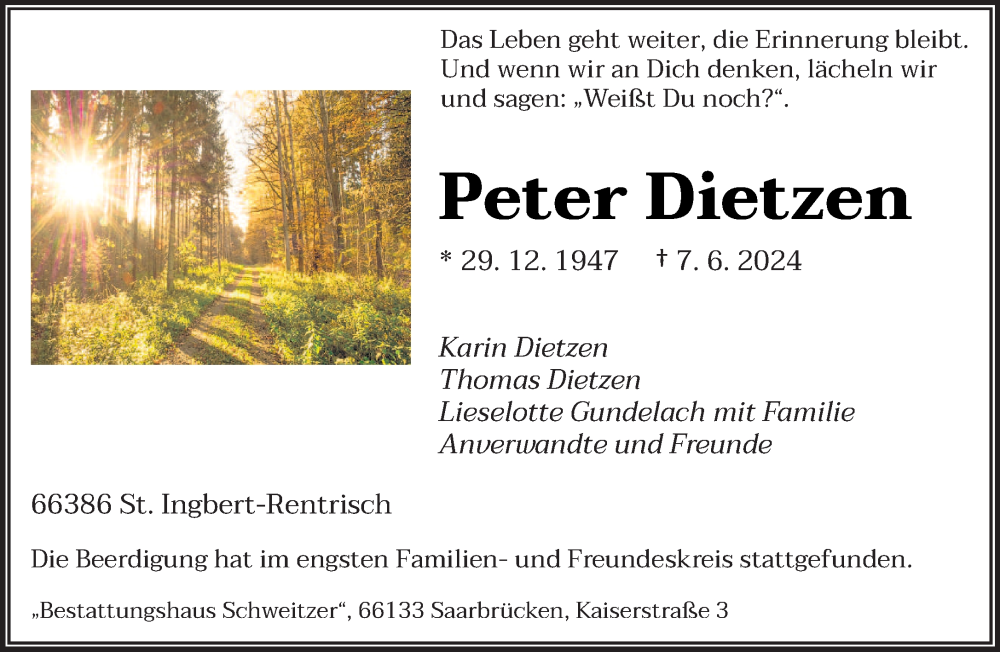  Traueranzeige für Peter Dietzen vom 22.06.2024 aus saarbruecker_zeitung