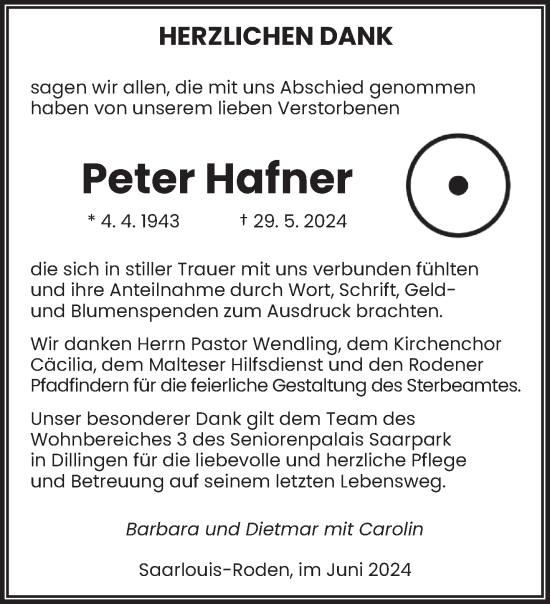 Traueranzeige von Peter Hafner von saarbruecker_zeitung