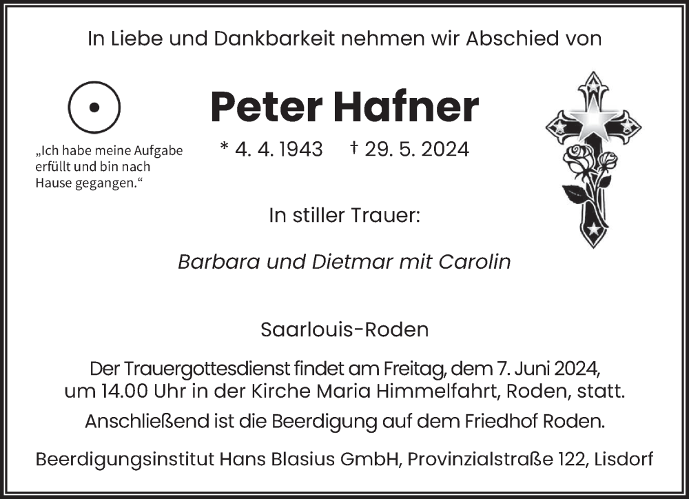  Traueranzeige für Peter Hafner vom 01.06.2024 aus saarbruecker_zeitung