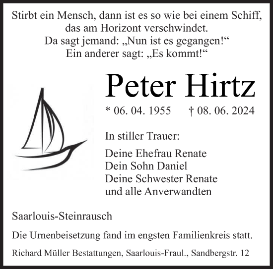 Traueranzeige von Peter Hirtz von saarbruecker_zeitung