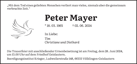 Traueranzeige von Peter Mayer von saarbruecker_zeitung