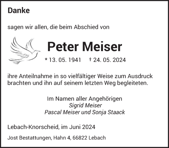 Traueranzeige von Peter Meiser von saarbruecker_zeitung