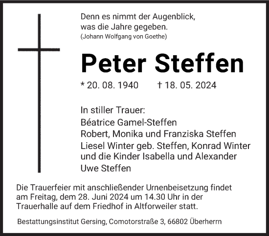 Traueranzeige von Peter Steffen von saarbruecker_zeitung