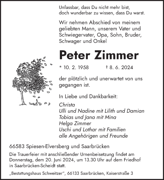 Traueranzeige von Peter Zimmer von saarbruecker_zeitung