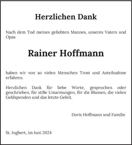 Traueranzeige von Rainer Hoffmann von saarbruecker_zeitung