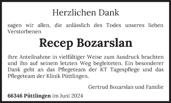 Traueranzeige von Recep Bozarslan von saarbruecker_zeitung