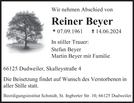 Traueranzeige von Reiner Beyer von saarbruecker_zeitung