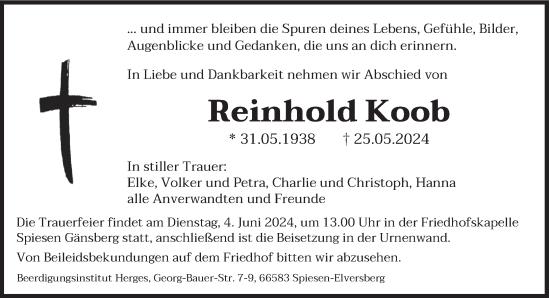 Traueranzeige von Reinhold Koob von saarbruecker_zeitung