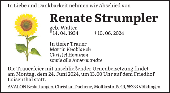 Traueranzeige von Renate Strumpler von saarbruecker_zeitung