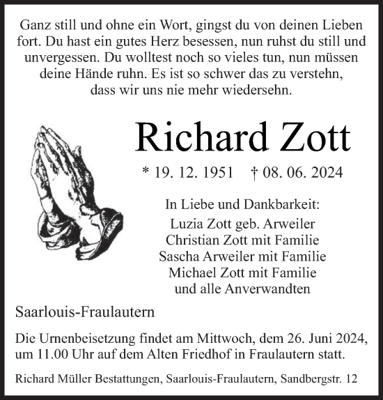 Traueranzeige von Richard Zott von saarbruecker_zeitung