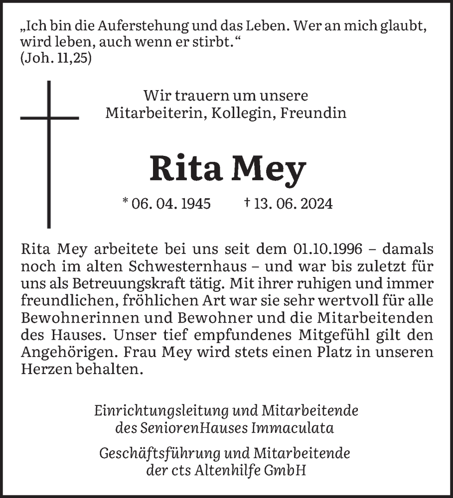 Traueranzeige für Rita Mey vom 29.06.2024 aus saarbruecker_zeitung