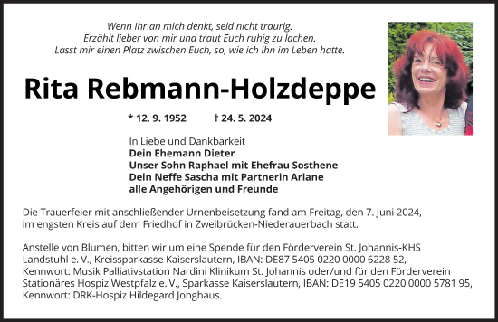 Traueranzeige von Rita Rebmann-Holzdeppe von saarbruecker_zeitung
