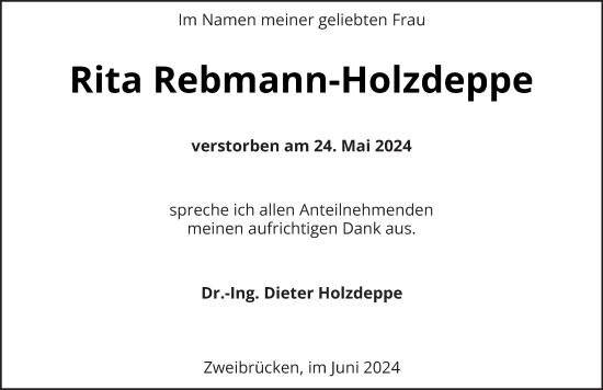 Traueranzeige von Rita Rebmann-Holzdeppe von saarbruecker_zeitung