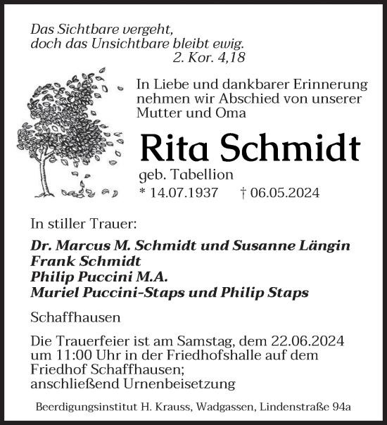 Traueranzeige von Rita Schmidt von saarbruecker_zeitung