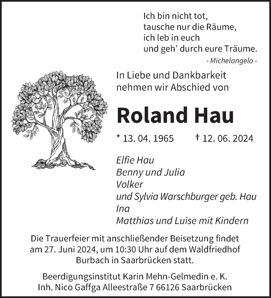  Traueranzeige für Roland Hau vom 22.06.2024 aus saarbruecker_zeitung