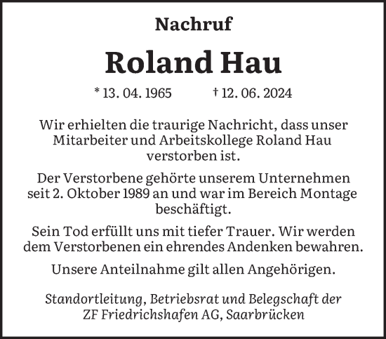 Traueranzeige von Roland Hau von saarbruecker_zeitung