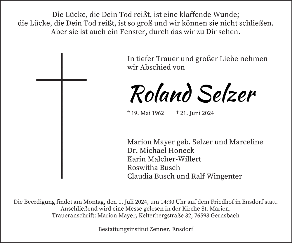  Traueranzeige für Roland Selzer vom 29.06.2024 aus saarbruecker_zeitung