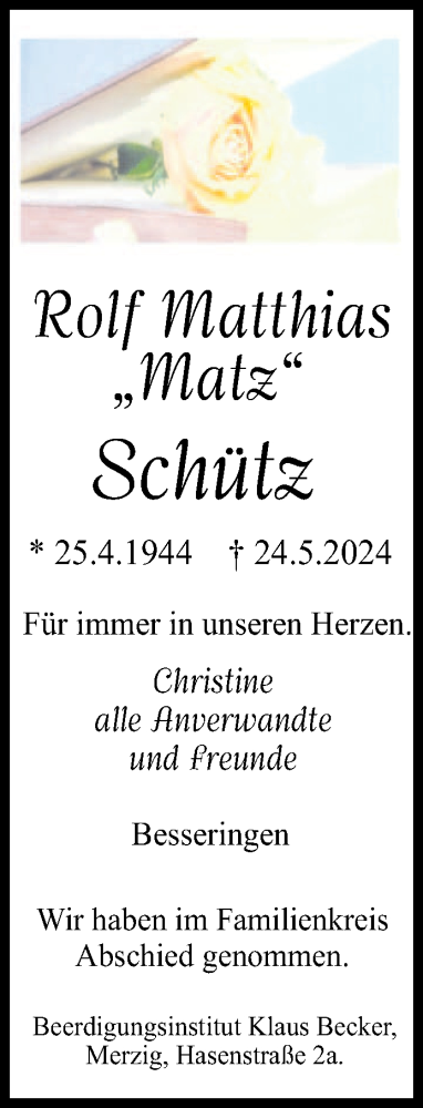 Traueranzeige von Rolf Matthias Schütz von saarbruecker_zeitung