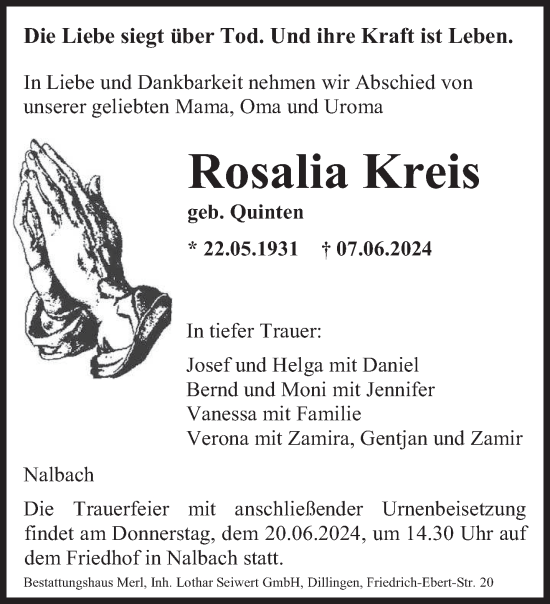 Traueranzeige von Rosalia Kreis von saarbruecker_zeitung