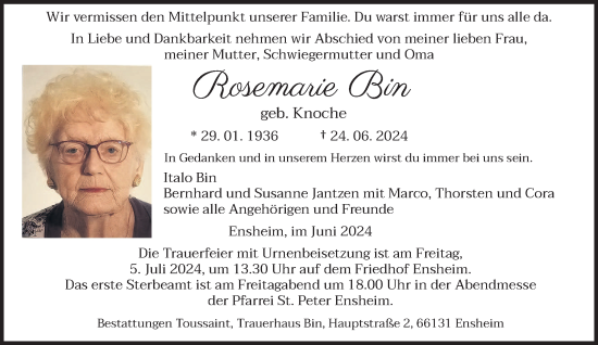 Traueranzeige von Rosemarie Bin von saarbruecker_zeitung