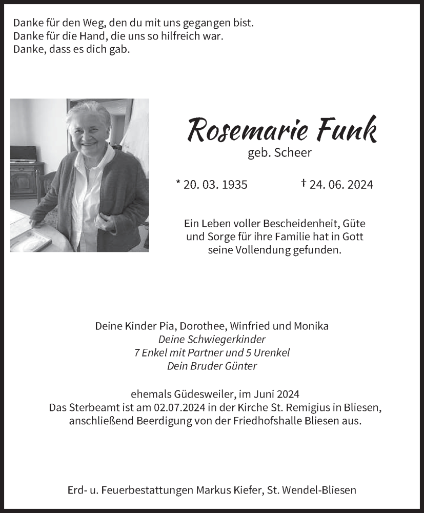  Traueranzeige für Rosemarie Funk vom 29.06.2024 aus saarbruecker_zeitung