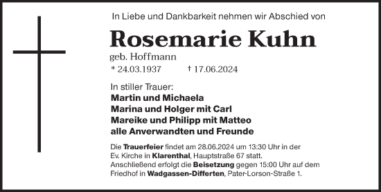 Traueranzeige von Rosemarie Kuhn von saarbruecker_zeitung