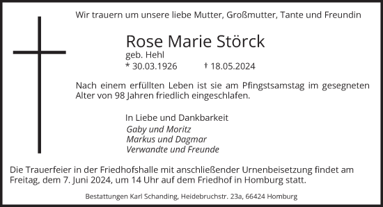 Traueranzeige von Rose Marie Störck von saarbruecker_zeitung