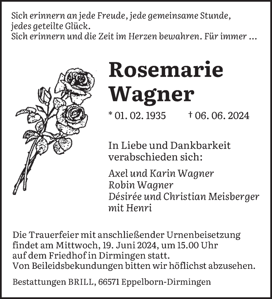  Traueranzeige für Rosemarie Wagner vom 15.06.2024 aus saarbruecker_zeitung